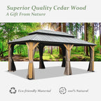 Domi 12' X 20' Wood Gazebo, Cedar Frame Hardtop Gazebo with Galvanized Steel Double Roof, Netting & Curtains, Patio Pergola Pavilion for Patio, Backyard, Deck, Lawns