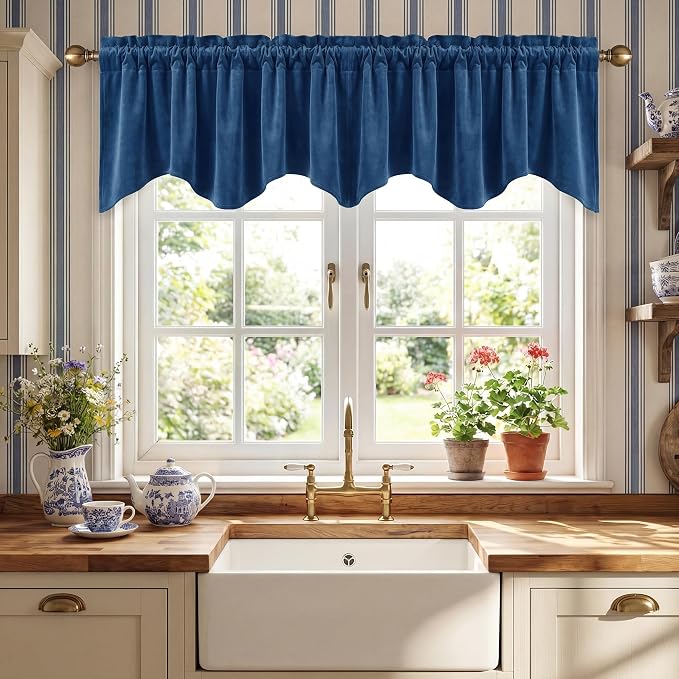 Blue Scalloped Window Valance 52x18 Inch 1 Panel | Premium Kitchen Velvet Window Treatments, Decorative Wavy Short Drapes for Bathroom, Over Sink RV, Rod Pocket