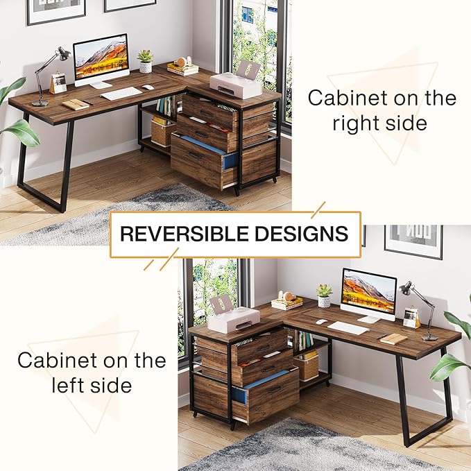 Reversible 53-inch L Shaped Desk with 3 Drawer, Farmhouse Corner Desk Gaming Table with Shelves and File Cabinet for Letter Size & Legal Size File for Home Office and Small Space