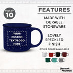 DISCOUNT PROMOS Custom Ceramic Campfire Coffee Mugs 13 oz. Set of 10, Personalized Bulk Pack - Perfect for Tea, Espresso, Cappuccino, Hot Cocoa - Blue