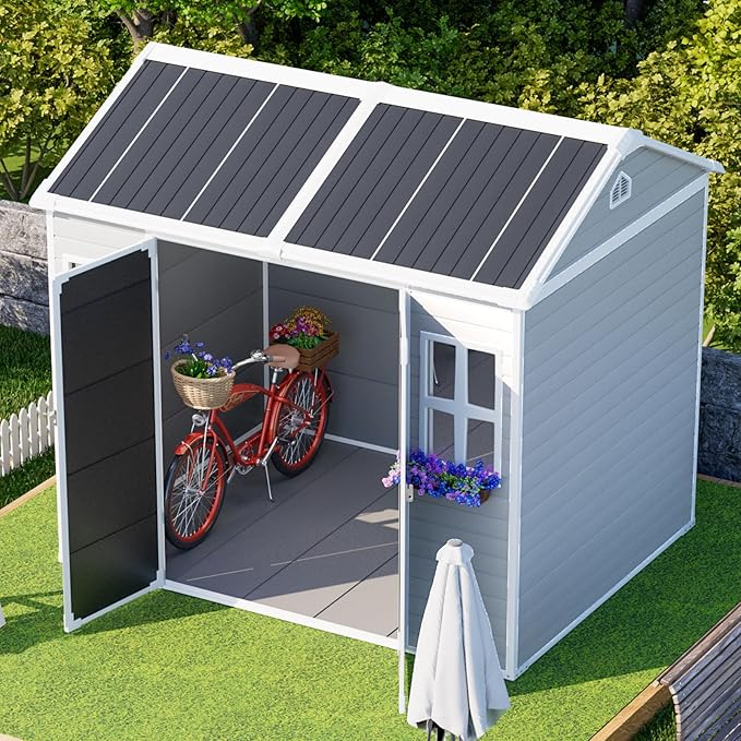 8x6 Shed Plastic Outdoor Storage with Floor Included, Waterproof Lockable Garden Shed Resin Tool Shed Cabinet