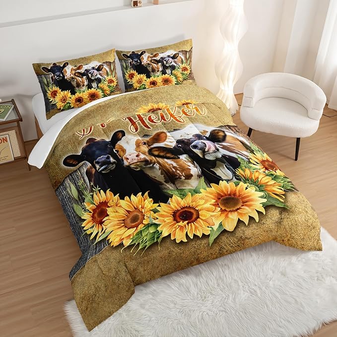 HOSIMA Farmhouse Animal Cow Comforter Western Bedding Sets Queen,Sunflower Comforter for Girls Boys Teens,Cow Print Bedding Room Decor,Floral Comforter Set with 2 Pillowcases.