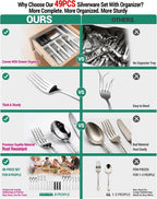 49-Piece Silverware Set with Organizer, Stainless Steel Flatware Utensils Set for 8, Forks and Spoons Silverware Set Cutlery Set with Steak Knives, Dishwasher Safe