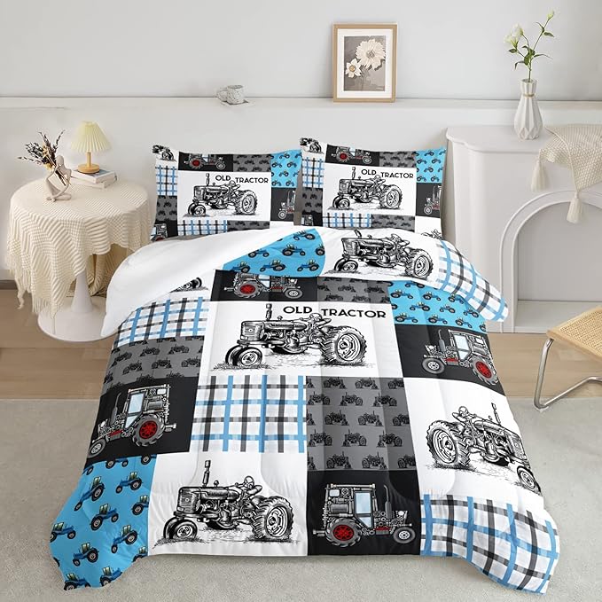 Axolotl Tractor Comforter Set Queen Size,Cartoon Truck Car Comforter Set for Boys,Farm Excavator Bedding Set with Old Tractor for Kids Boys Teens Adult All Season,1 Quilt 2 Pillowcases