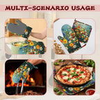 Vintage Oil Painting Flower Field Oven Mitts and Pot Holders (4PCS),Heat Resistant Non-Slip Silicone Kitchen Gloves for Cooking, Baking, BBQ Waterproof Kitchen Accessories