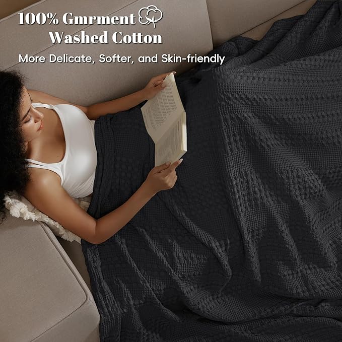 PHF 100% Cotton Waffle Weave Blanket King Size, Soft Lightweight Breathable Cozy Summer Blankets for Bed, Luxury Aesthetic Woven Bedding for Home Decor, 108"x90", Black