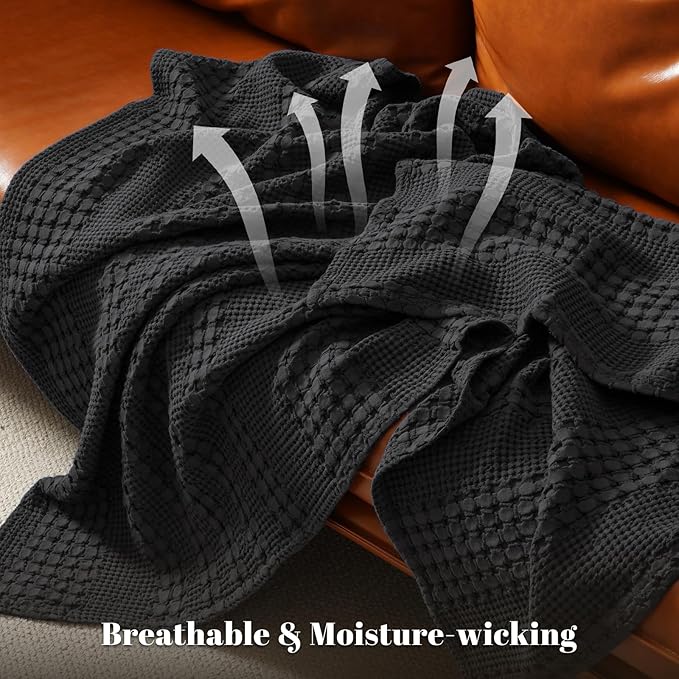 PHF 100% Cotton Waffle Weave Blanket King Size, Soft Lightweight Breathable Cozy Summer Blankets for Bed, Luxury Aesthetic Woven Bedding for Home Decor, 108"x90", Black