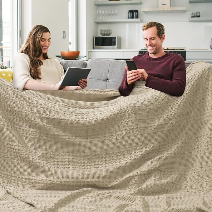PHF 100% Cotton Waffle Blanket Oversized King 120"x120", Lightweight Breathable Extra Large 10'x10' Summer Blankets for Bed, Giant Big Luxury Aesthetic Woven Bedding for Home Decor, Khaki