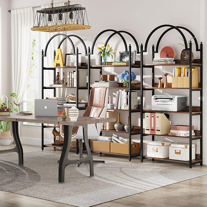 Tribesigns 5-shelf Arched Bookcase Set of 2, Rustic Wood Shelf with Black Metal Frame, Industrial Metal Etagere Open Bookshelf (2, Brown+Black)