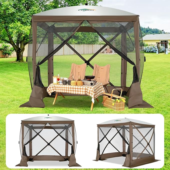 COBIZI 6x6 Pop up Gazebo Tent, Ez up Waterproof Screen Tent Screen House, Portable Outdoor Canopy Sun Shelter with Carry Bag & Ground Stakes for Camping, Garden and Picnics, Brown(Upgraded 2.0)