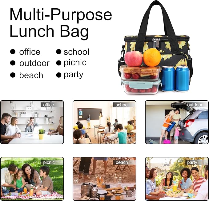 Lunch Bags for Women/Men, Insulated Lunch Bag for Work Office - Lunch Cooler Bag Leakproof Lunch Box with Adjustable Shoulder Strap - Sunflower
