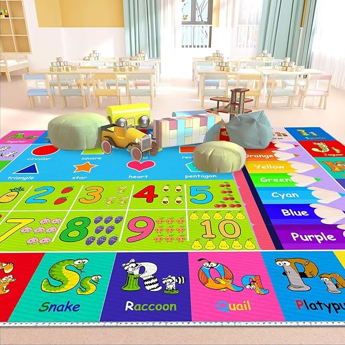 Kids Alphabet Play Game Rug - 5' 3" x8' ABC Numbers and Shapes Educational Learning Toddler Carpet - Kids Room Playroom Classroom Kindergarten Activity Fun Soft Non-Slip Mat