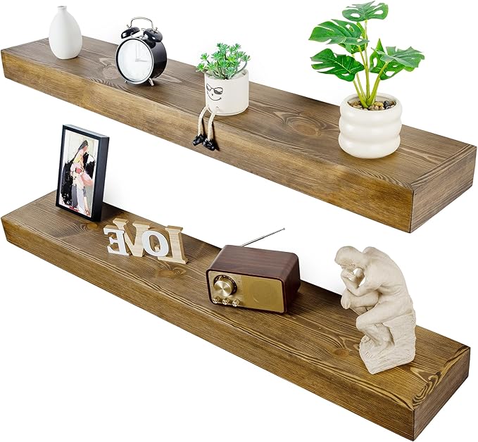 Floating Shelves 3 inch Thick for Wall Set of 2,Solid Pine Wood Wall Mount Shelf for Kitchen Living Room Bedroom Bathroom,8" D x 48" L x 3" H-Black Walnut