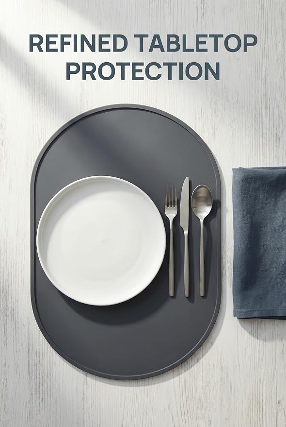 Oval Silicone Placemats Set of 2, 15.8 x 10.5in, Table Protector, Gray | Food-grade Silicone , Non-slip , Raised Edge Heat Resistant, Easy Clean , Compact Size, for Dining Table