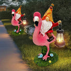 Gnomes Flamingo with Solar Lantern, Whimsical Decor for Garden, Yard, Patio, Lawn, LED Lights - Unique Gift for Women, Mom, Friends(Red Gnomes)