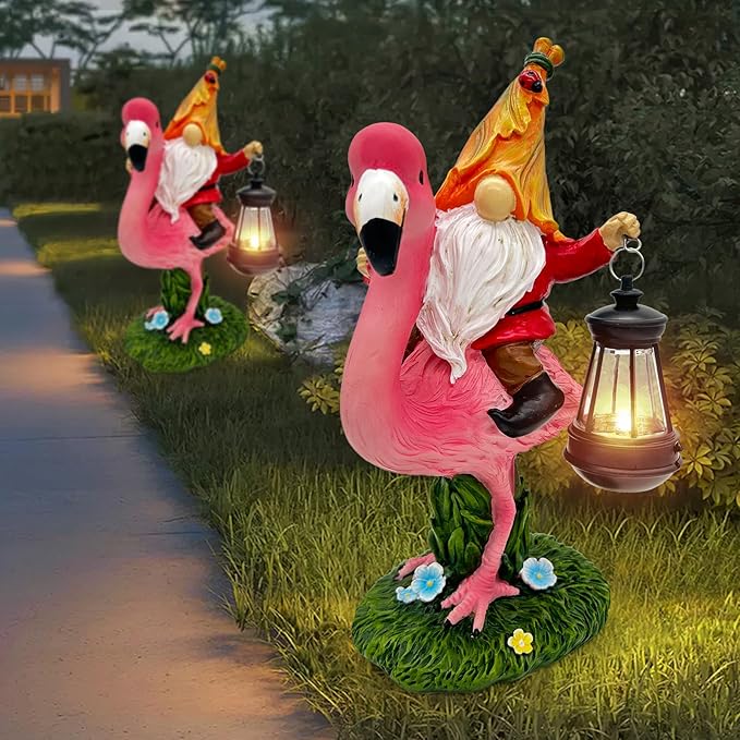 Gnomes Flamingo with Solar Lantern, Whimsical Decor for Garden, Yard, Patio, Lawn, LED Lights - Unique Gift for Women, Mom, Friends(Red Gnomes)