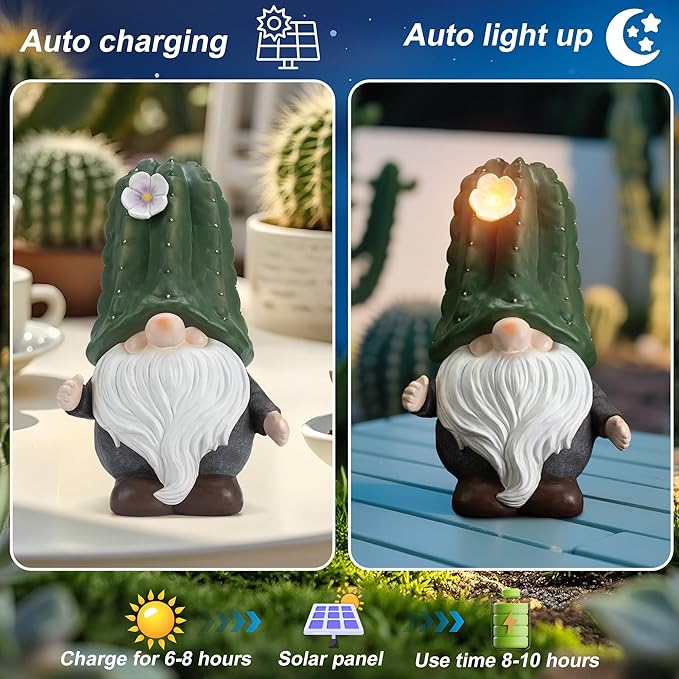 Solar Cactus Gnome Statue Garden Decor Light - Outdoor Decorative LED Flower, Suitable for Patio, Lawnand Garden Decorations, Gifts for Mom