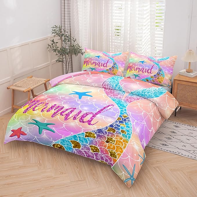 NINENINE Mermaid Comforter 5PCS Full Size Bedding Sets for Girls, Princess Comforter Sets for Girls, Glitter Bedding Set for Girls (1Comforter, 1Flat Sheet, 1Fitted Sheet, 2Pillowcases)