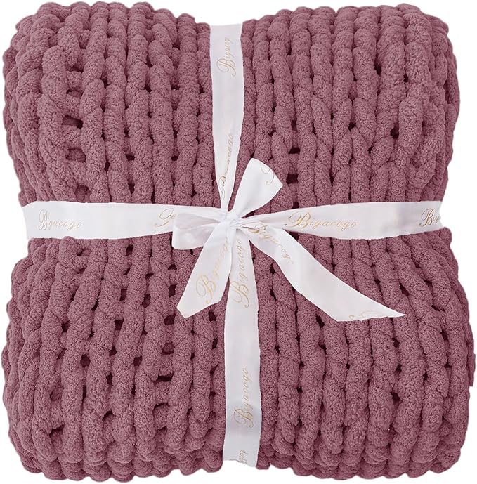 Bigacogo Chunky Knit Throw Blanket for Couch, 40x60 inches, 100% Hand Knitted with Thick Jumbo Chenille Yarn, Cozy Soft Large Rope Knot Cable Crochet Blankets for Sofa Bed Living Room, Burnt Rose