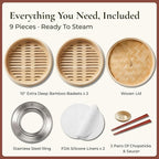 Bamboo Steamer Basket 10 Inch, Extra Deep Dumpling Steamer Set | Incl. Silicone Liners & Steel Ring, Steam Basket For Pot & Wok. Vegetable & Food Steamer For Dim Sum, Bao Buns