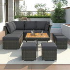 9-Pieces Outdoor Rattan Sectional Sofa Set, Wicker Patio Conversation Furniture with L-shape Couch&Storage Ottomans, Acacia Wood Coffee Table, for Garden Yard, Grey Wicker&Grey Cushion