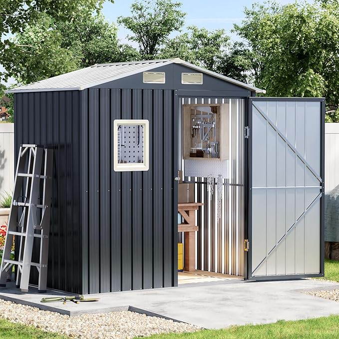Update Version 6x4 FT Outdoor Metal Storage Shed, Single Door, 1 Clear Window, Tool Shed for Garden, Patio, Backyard Nightblue