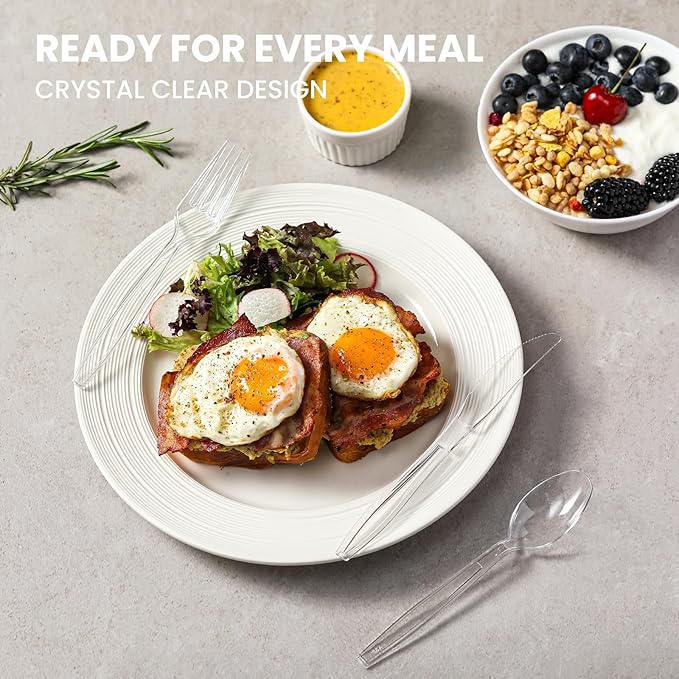 400 Count Heavy Duty Plastic Silverware, BPA-Free, Clear Plastic Cutlery Set, Premium Disposable Utensils for Party Everyday Use, 150 Forks, 150 Spoons and 100 Knives