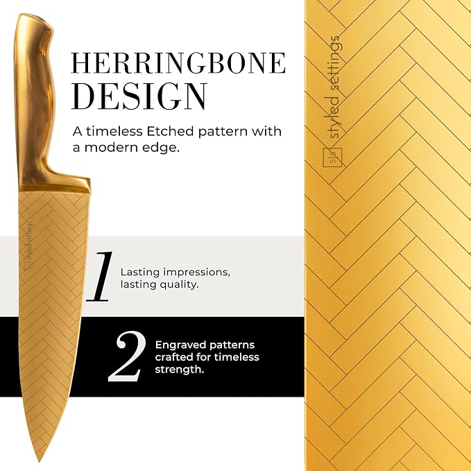 Styled Settings Gold Knife Set with Block and Sharpener, 14-Piece | Stainless Steel, Titanium Gold Knives with Pattern and Knife Block with Built-in Sharpener, Durable, Gold Kitchen Accessories