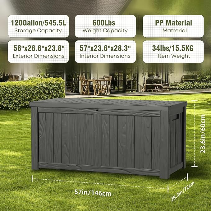 DRATO 120 Gallon Large Deck Box, Outdoor Storage Box for Patio Furniture, Patio Cushions, Gardening Tools, Pool Supplies,660lbs Weight Capacity,Waterproof Resin Storage Boxes