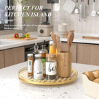 Gold and White Checkerboard Lazy Susan with Rubberwood Base and Metal Rail | Smooth rotating oak tray with walnut finish for dining tables, kitchen counters, pantries and cabinet storage.