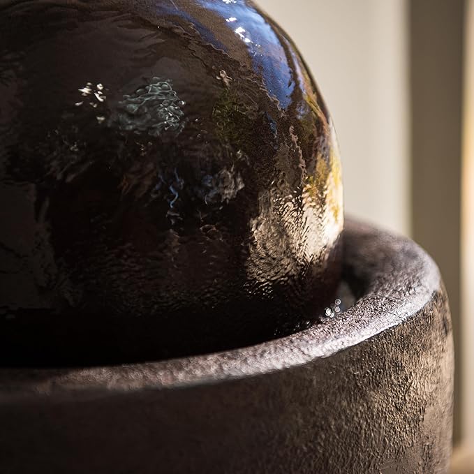 XBrand 25.98" H Round Stone Indoor/Outdoor Modern Stone Textured Sphere Water Fountain with LED Lights, Ball Fountain Decor for Garden, Patio, Outdoor, Brown