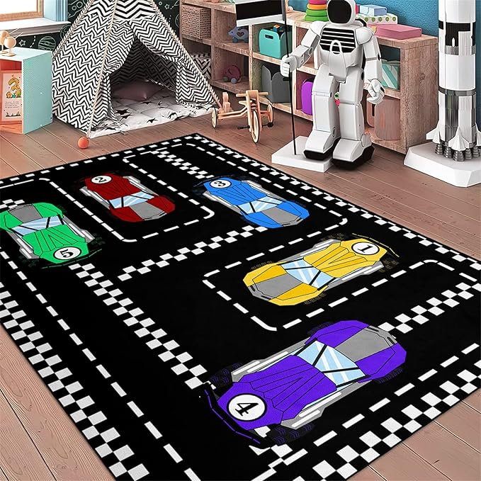 Car Rug Race Car Rug Car Track Rugs for Boys Race Track Carpet Race Car Track Rug Car Rug for Boys Room Car Rug Play Mat Car Carpet for Kids Rugs for Boys Bedroom,Black 3'×4'
