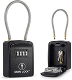 Iron Lock® Key Lock Box with Code, Portable Cable Shackle (Small, Black) | Holds 2-3 house keys or an access card; 11-in steel cable loops on gate or rail; weather-resistant; no app or battery