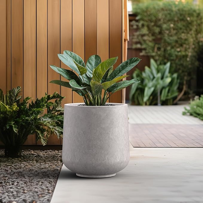 Kante 15.3" Dia Round Concrete Planter, Outdoor Indoor Large Plant Pots Containers with Drainage Hole and Rubber Plug for Home Garden Patio, Light Gray
