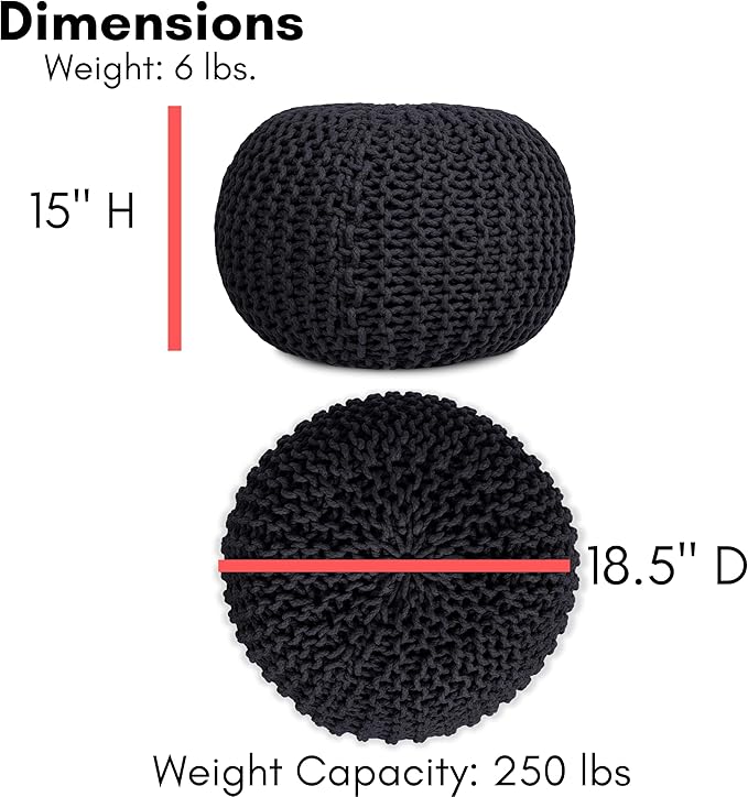 BIRDROCK HOME Round Pouf Ottoman | Cotton Braided Foot Stool with Bean Bag Filling | Boho Foot Rest for Living Room & Bedroom | Compact & Comfortable Seating, Lightweight & Soft | Charcoal