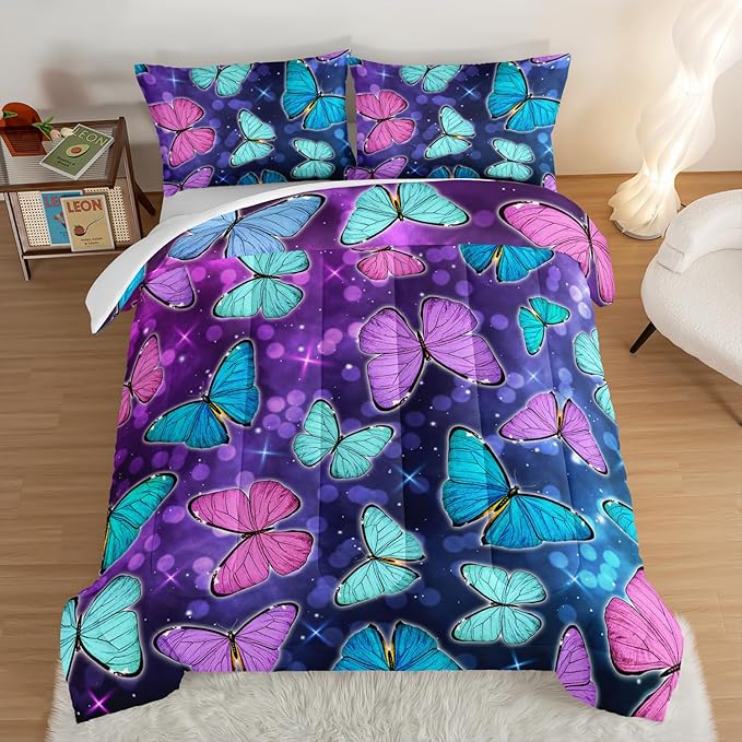 HOSIMA Butterfly Comforter Set with 2 Pillowcases,Glitter Purple Blue Butterfly Printed Bedding Set Twin Bed in A Bag Sets for Adults Kids,Starry Sky Galaxy Comforter Butterfly Room Decor Aesthetics.