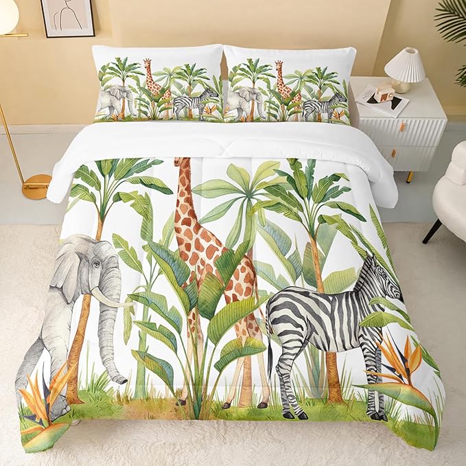 Wild Animal Comforter King Size,Elephant Giraffe Zebra Kids Comforter Set,3Pcs Bedding Set Printed Comforter with 2 Pillowcases,Down Alternative,Soft and Lightweight