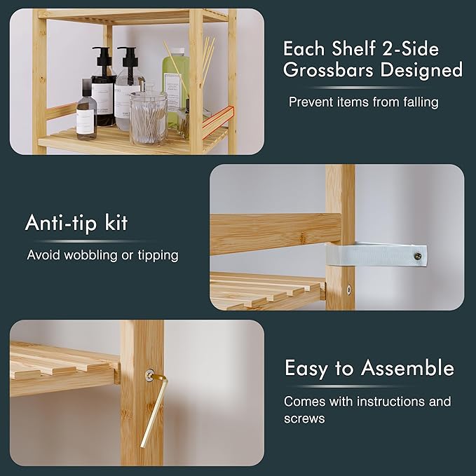 Tall Narrow Bookshelf, 5 Tier Bathroom Shelf Bamboo, Floor Standing Display Storage Organizer for Small Space, Adjustable Shelves, Natural Wood Bookcase