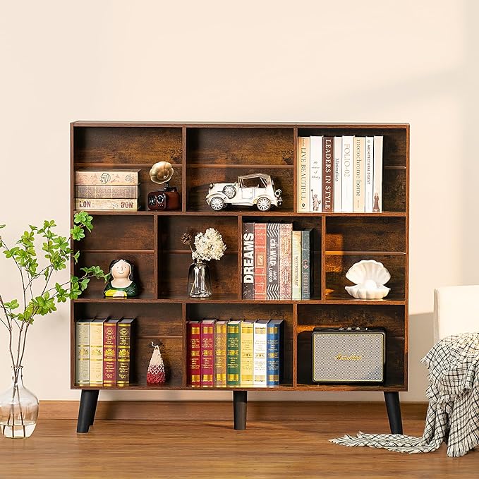 LEYAOYAO 10 Cube Bookshelf,3 Tier Modern Wide Bookcase with Legs,Mid-Century Wood Bookshelves Storage，Brown Large Book Case,Freestanding Organizer Display Shelf for Bedroom,Living Room,Office