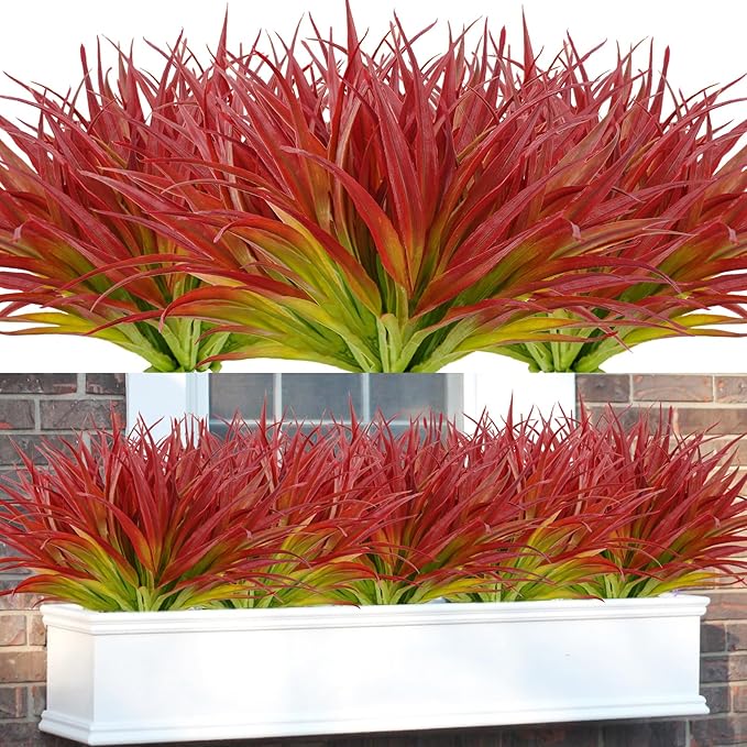 16Pcs Artificial Grass Fake Plants 17.3in Outdoor Plants UV Resistant Greenery Stems Fake Grass for Home Window Garden Office Patio Pathway Front Porch Décor Light Green & Red