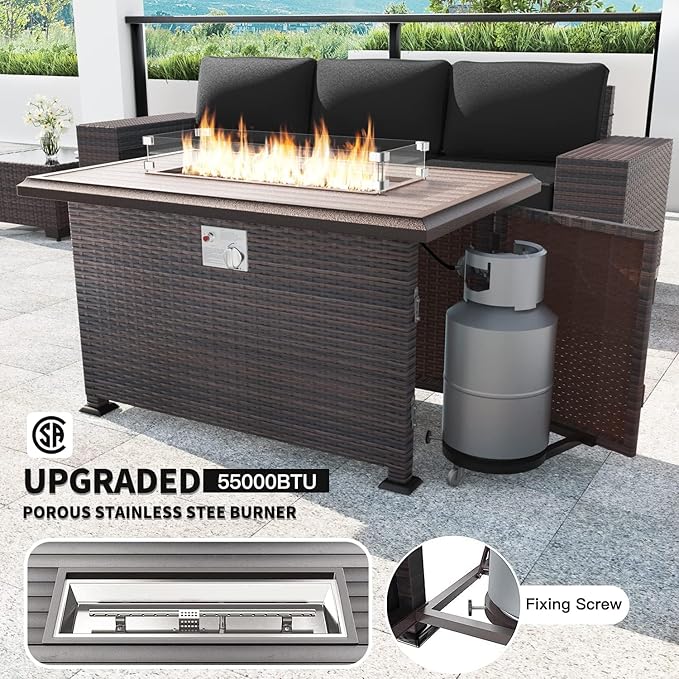 Kullavik 13 Pieces Outdoor Patio Furniture Set with 43" 55000BTU Gas Propane Fire Pit Table PE Wicker Rattan Sectional Sofa Patio Conversation Sets,Black