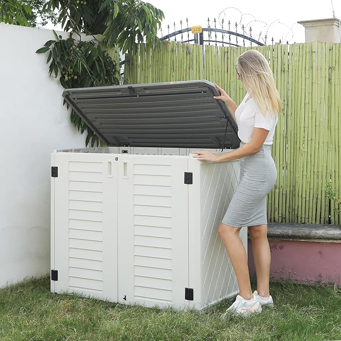 HOMSPARK Storage Shed Weather Resistance, Multi-Purpose Outdoor Storage Cabinet for Backyards and Patios, 26 Cu.ft Capacity Horizontal Storage Shed for Bike, Lawnmower, Trash Cans, Patio Accessories