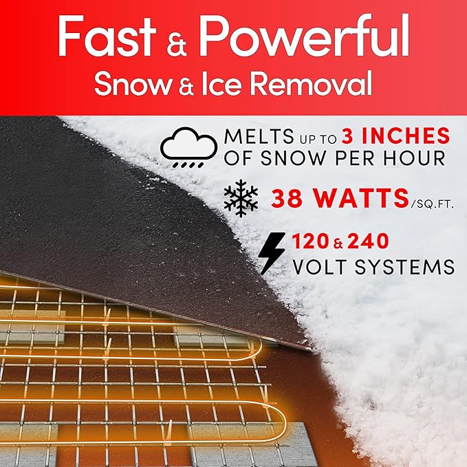 Electric Snow and Ice Melting Underground Cable 128 feet, Covers 42 sqft at up to 38 Watts/sqft, 240V – Radiant Heated Driveways, Walkways, Stairs – Installs Under Concrete, Asphalt, or Pavers