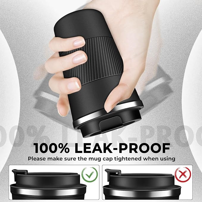 Insulated Coffee Tumbler 12 oz, Stainless Steel Coffee Mug with Lids, Travel Coffee Mug Leak Proof, Double Wall Vacuum Insulated Reusable Coffee Cup, Keep Drinks Hot and Cold (Black, 12 Ounces)