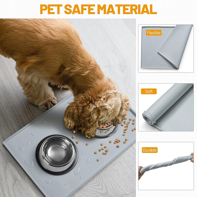 Hubulk Dog Feeding Mat,100% Waterproof Food Grade Silicone Pet Food and Water Bowl Placemat,Dishwasher, High Raised Edge to Prevent Spills,Nonslip Tray to Stop Messes on Floor（28"x18"x0.8", Mist）