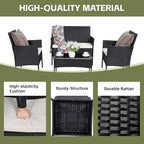 Patio Furniture Set 4 Pieces Conversation Sets Outdoor Wicker Rattan Chairs Garden Backyard Balcony Porch Poolside Loveseat with Soft Cushion and Tempered Glass Table(Black/Beige)
