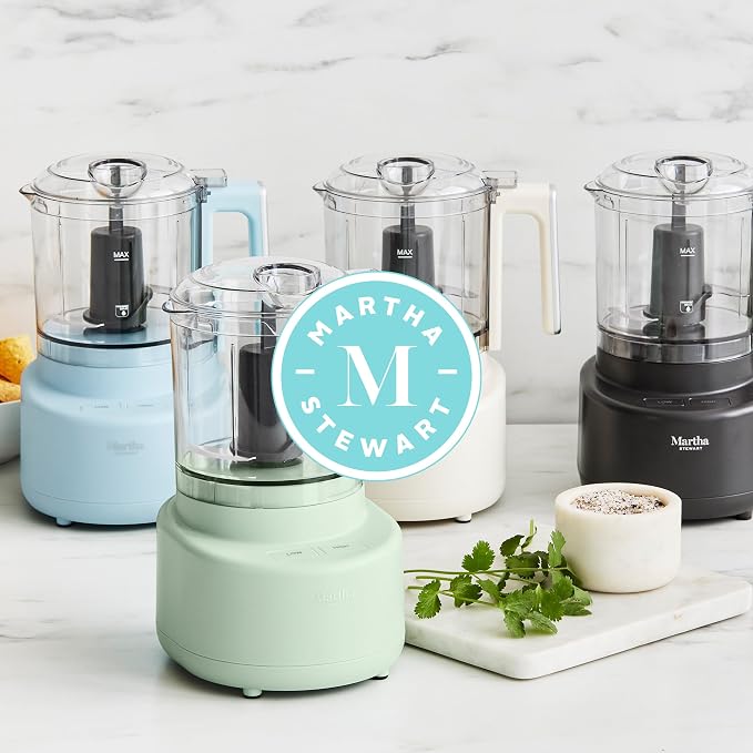 Martha Stewart 3 Cup Electric Vegetable Chopper & Mini Food Processor, Blue | 24oz BPA-Free Bowl, Stainless Steel Blades, Pour Spout, Dice, Puree, Mince, Chop Vegetables & Herbs, Dishwasher-Safe Parts