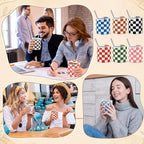 6 Pack Checkered Ceramic Coffee Mug with Sip Hole 10 oz Espresso Cup with Straws Retro Hand Painted Checkered Porcelain Coffee Tea Cup Cappuccino Latte Mug for Kitchen Dining Travel
