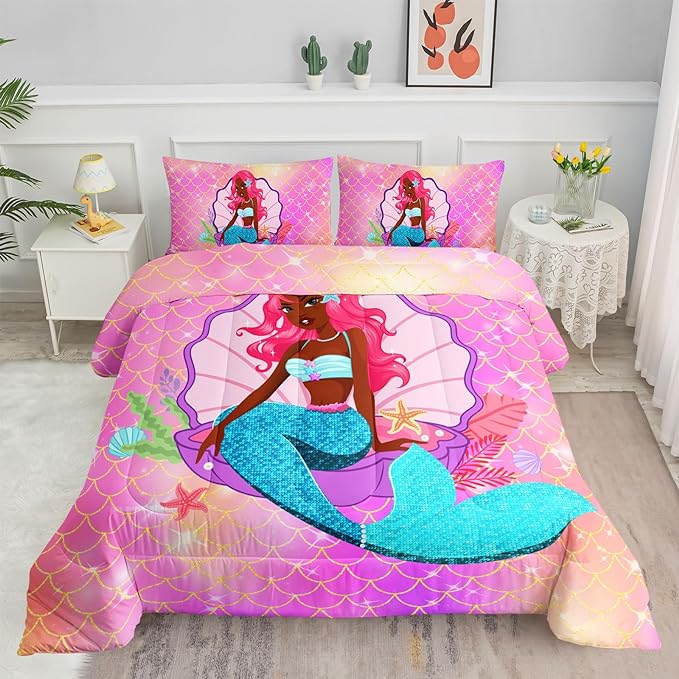 Datura home Bedding Comforter Set Black Girl Magic Mermaid Printed Pattern Quilt with 1 and 2 Pillowcases for Girls Bedroom All Season(Black Pink Full) Full 80x90inches
