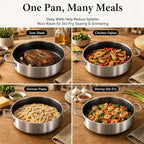 DELARLO Tri-Ply Stainless Steel 10 Inch Deep Frying Pan 3QT Saute Pan With Lid, Induction Compatible Chef Cooking Pan with lid, Dishwasher & Oven Safe